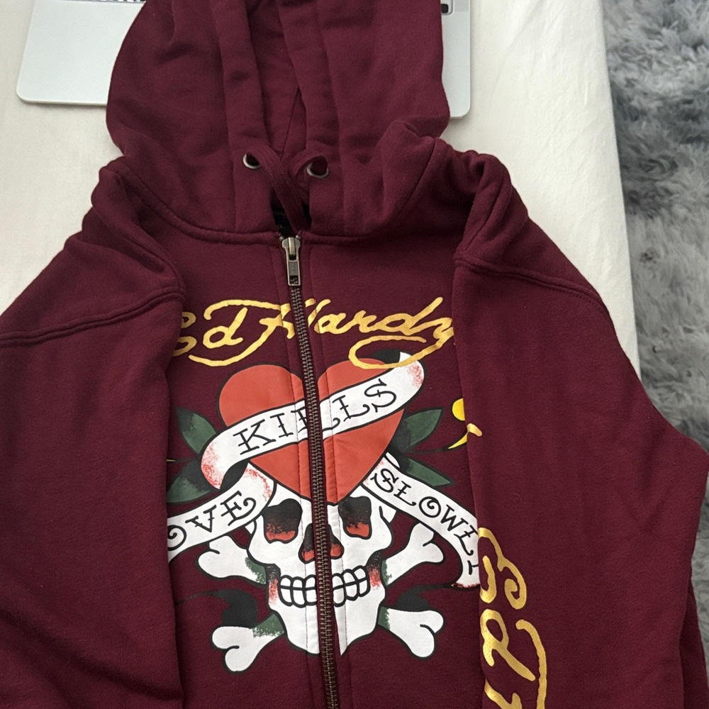 Ed Hardy Burgundy Hoodie and sweat pants set with Skull and Heart Design
